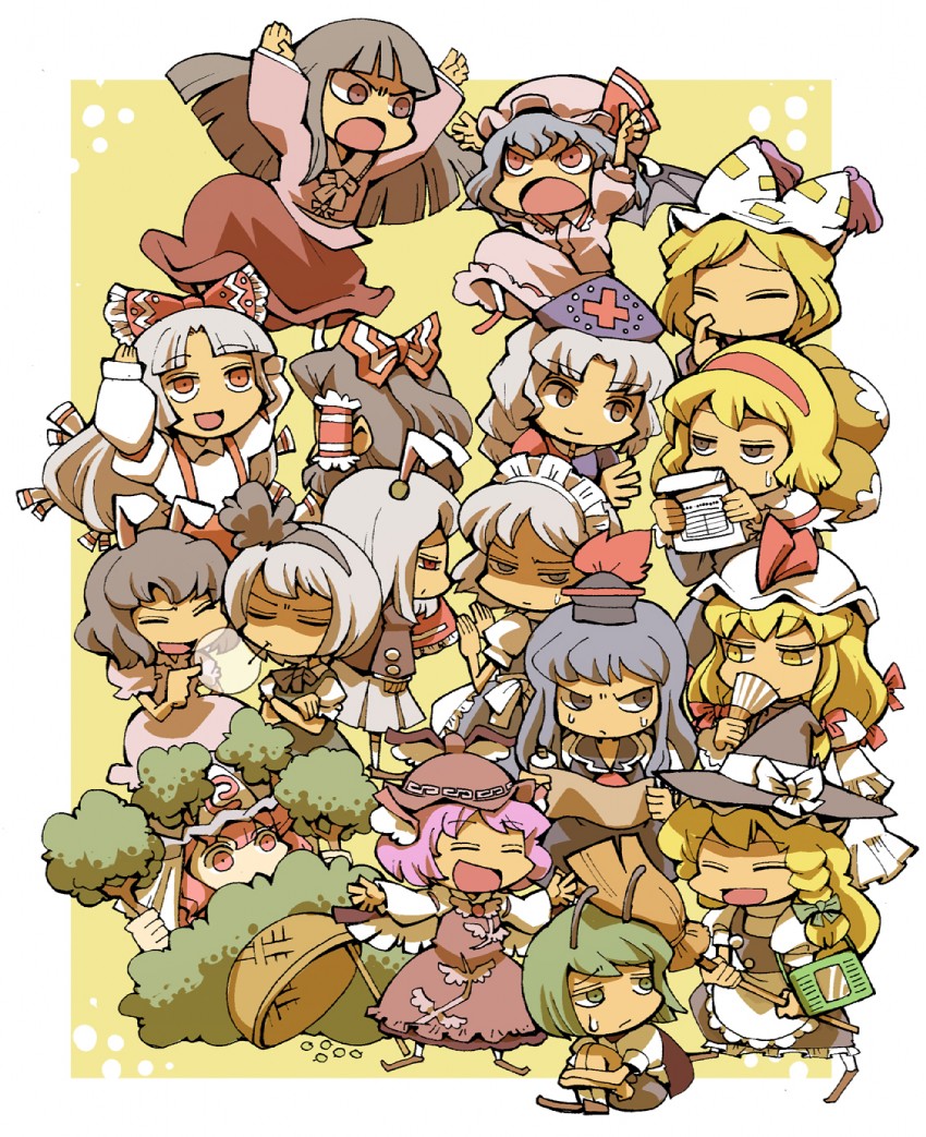 hakurei reimu, kirisame marisa, remilia scarlet, izayoi sakuya, konpaku youmu, and 12 more (touhou and 1 more) drawn by hounori
