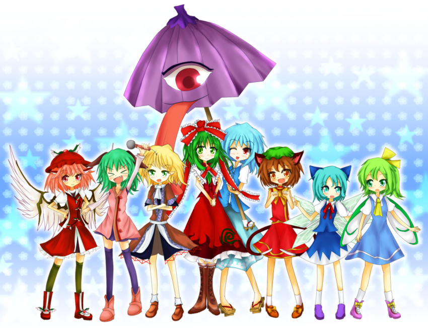 cirno, chen, tatara kogasa, mystia lorelei, mizuhashi parsee, and 3 more (touhou) drawn by tree_(aps50217)