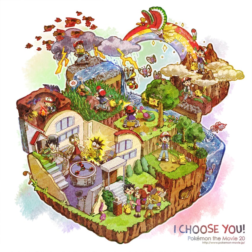 pikachu, ash ketchum, ho-oh, butterfree, caterpie, and 8 more (pokemon and 1 more) drawn by imomushi_(pixiv_9001433)