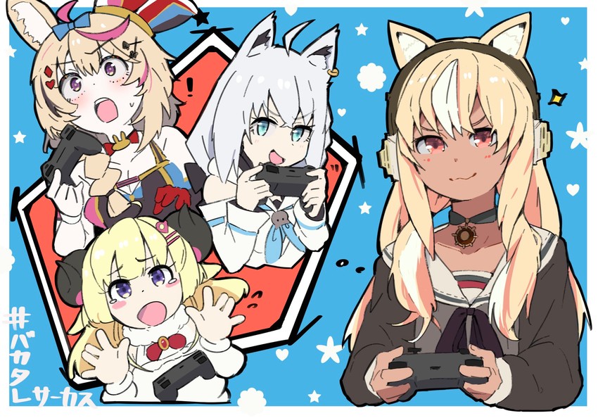shirakami fubuki, shiranui flare, omaru polka, and tsunomaki watame (hololive) drawn by donkoni