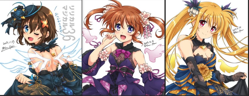 fate testarossa, takamachi nanoha, yagami hayate, and bardiche (lyrical nanoha and 3 more) drawn by san-pon