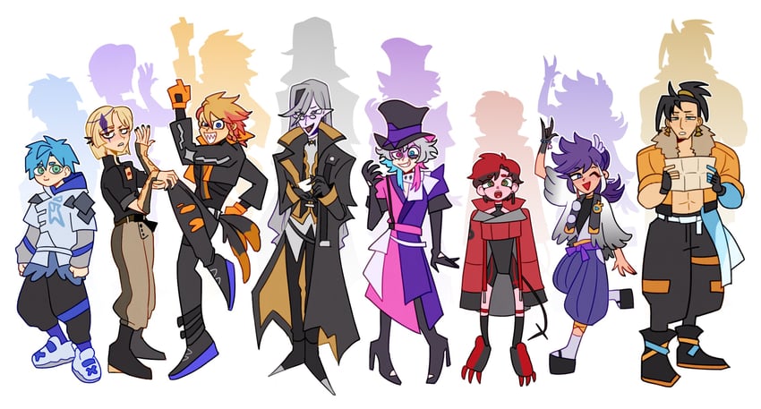 gavis bettel, machina x flayon, regis altare, axel syrios, banzoin hakka, and 3 more (holostars and 1 more) drawn by ministarfruit