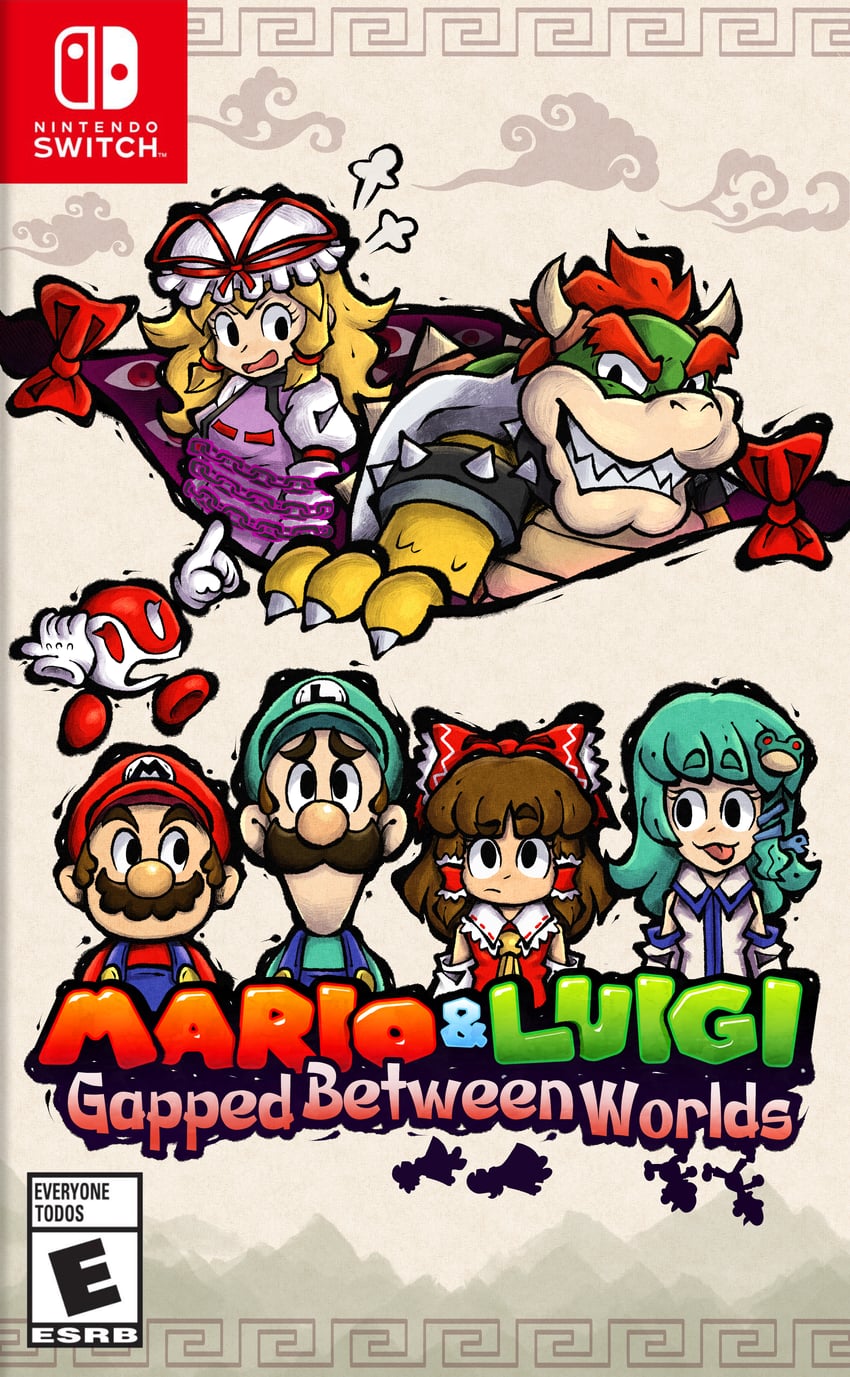 hakurei reimu, kochiya sanae, yakumo yukari, mario, luigi, and 1 more (touhou and 2 more) drawn by elemenopii