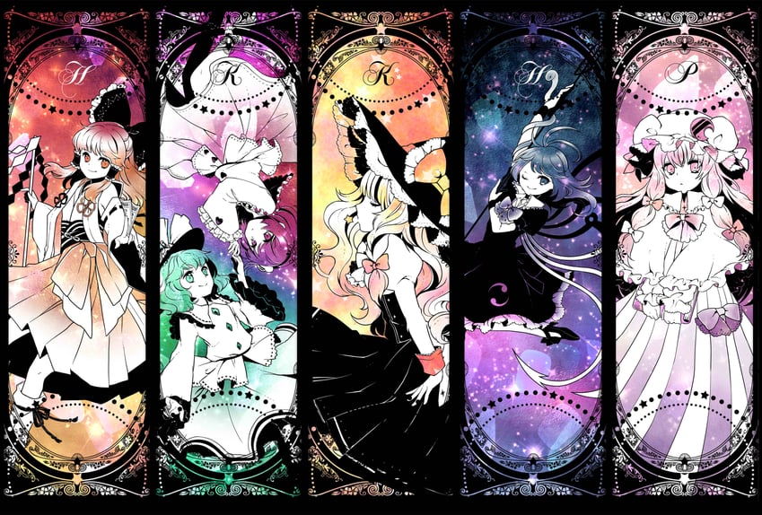 hakurei reimu, kirisame marisa, komeiji koishi, patchouli knowledge, komeiji satori, and 1 more (touhou) drawn by mugino_kirin