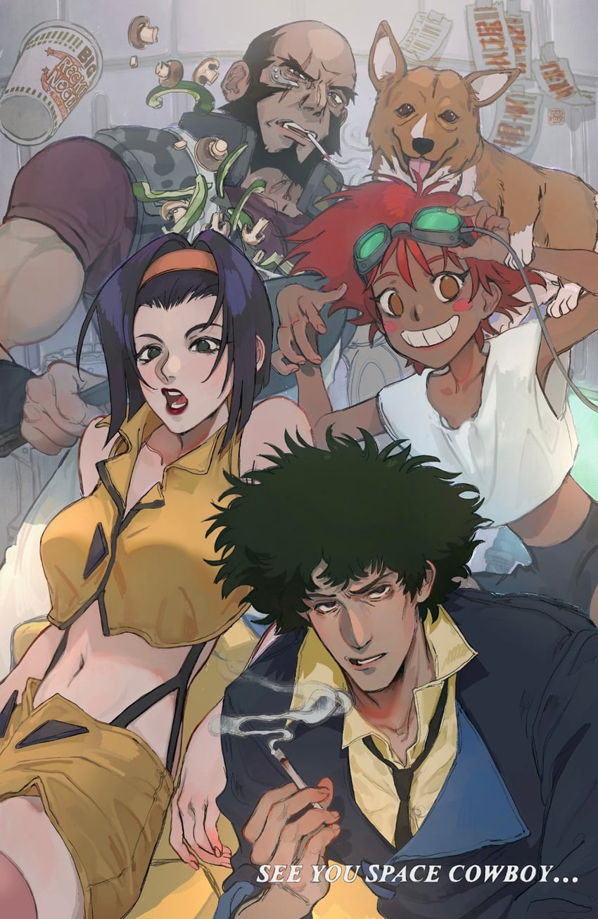 faye valentine, spike spiegel, edward wong hau pepelu tivrusky iv, ein, and jet black (cowboy bebop) drawn by enerjax