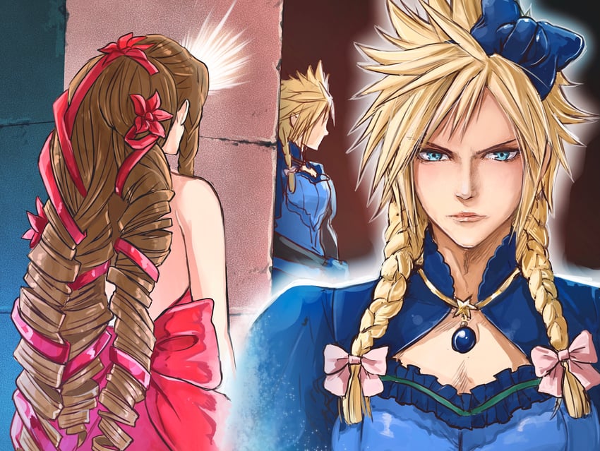 cloud strife and aerith gainsborough (final fantasy and 2 more) drawn by igusaharu