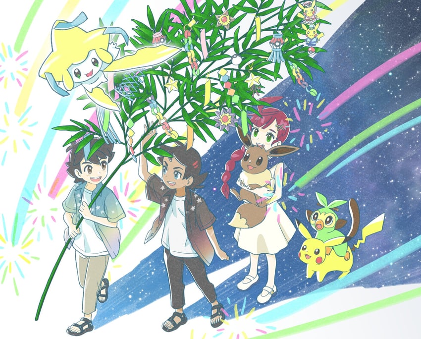 pikachu, ash ketchum, eevee, jirachi, grookey, and 2 more (pokemon and 1 more) drawn by minato_(mntnm)