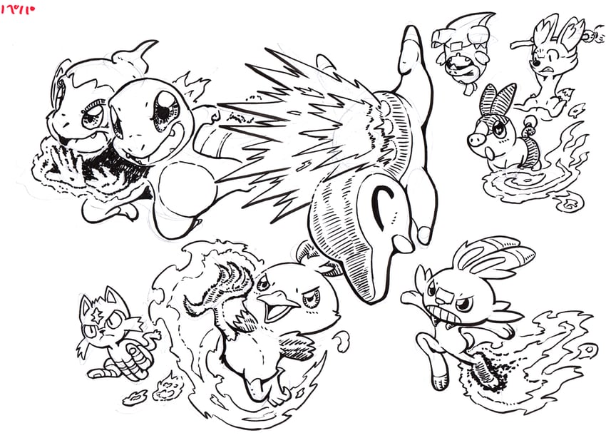 scorbunny, charmander, torchic, tepig, fuecoco, and 3 more (pokemon) drawn by zen_migawa