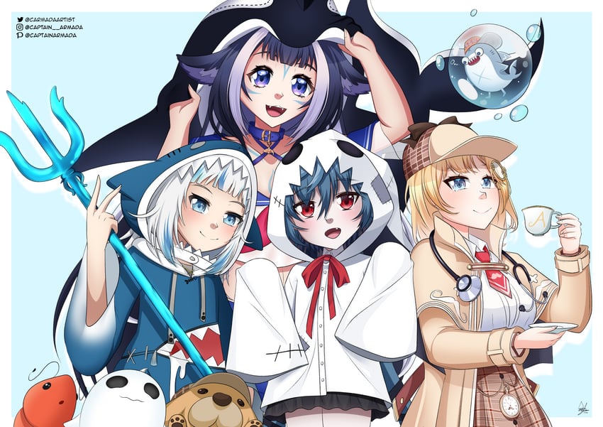 gawr gura, watson amelia, bloop, bubba, shylily, and 2 more (hololive and 3 more) drawn by captainarmada