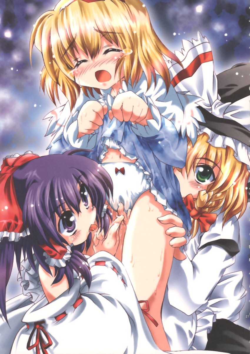 hakurei reimu, kirisame marisa, and alice margatroid (touhou) drawn by sinra