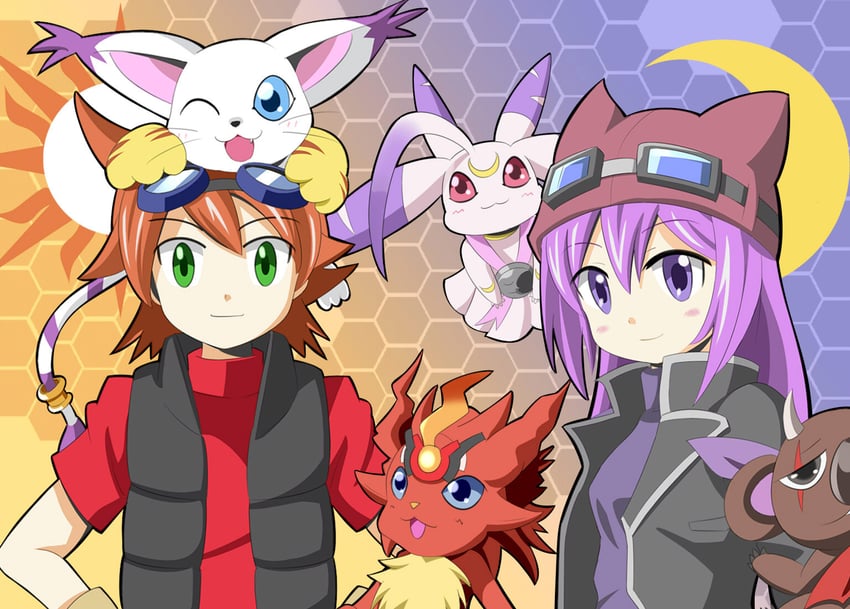 tailmon, sayo, lunamon, coronamon, koh, and 1 more (digimon and 1 more) drawn by hamada_sukaru