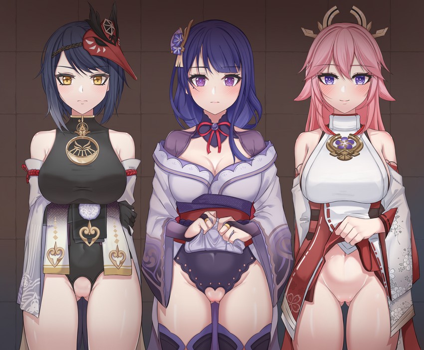raiden shogun, yae miko, and kujou sara (genshin impact) drawn by hyunjjing