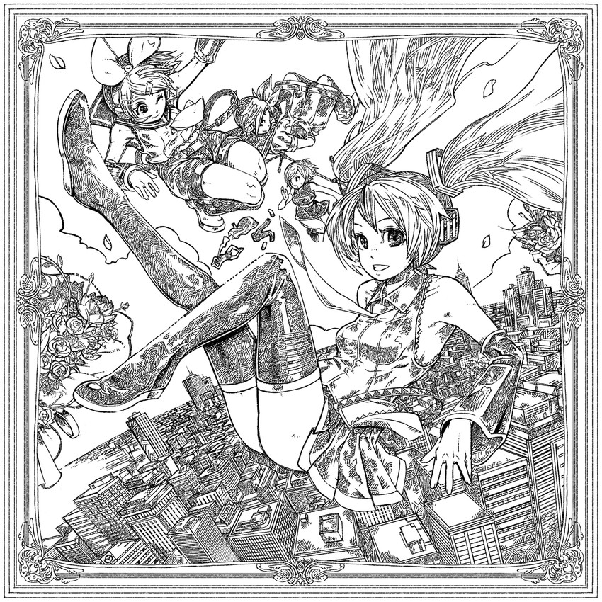 hatsune miku, kagamine rin, kagamine len, kaito, and meiko (vocaloid) drawn by kikukawa_norihiko