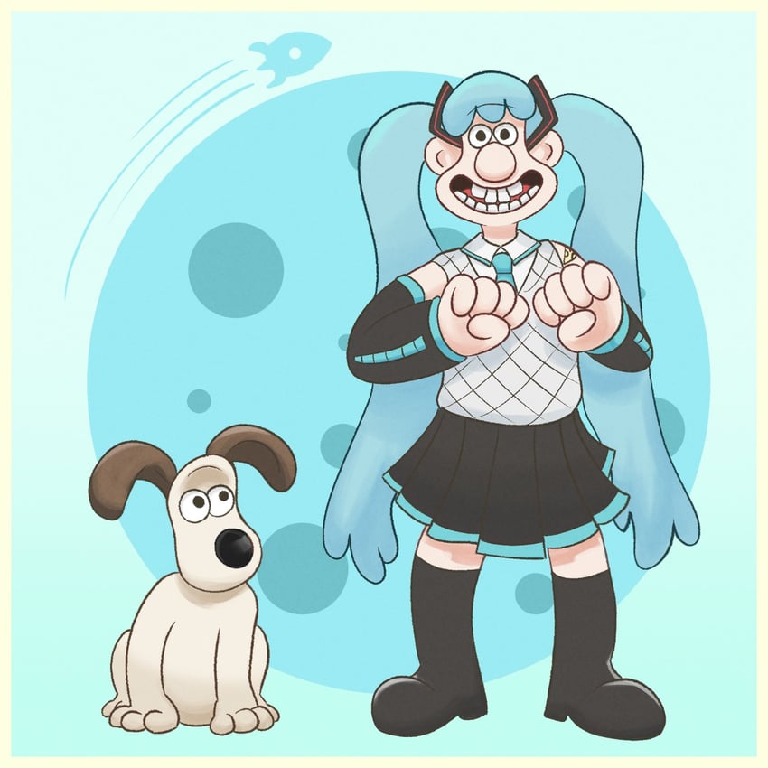 hatsune miku, gromit, and wallace (vocaloid and 1 more) drawn by thataveragejoe