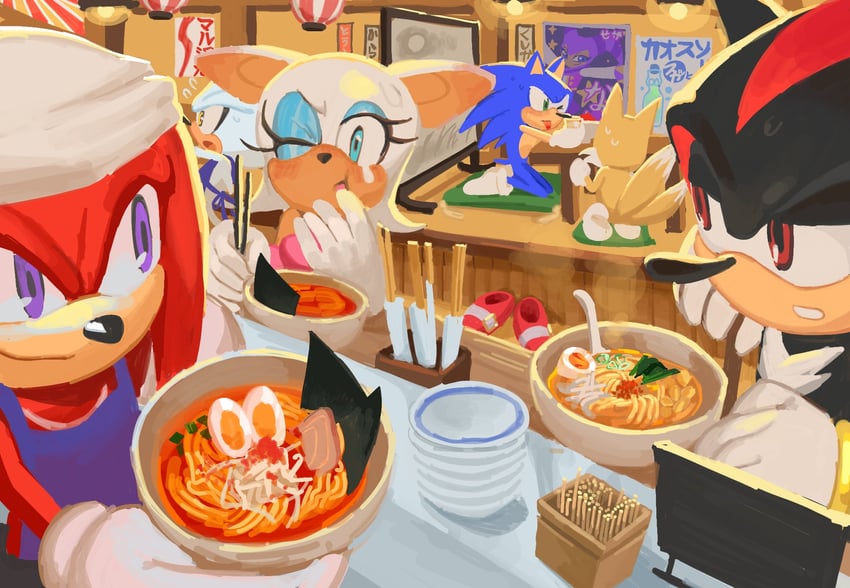 sonic the hedgehog, shadow the hedgehog, rouge the bat, tails, knuckles the echidna, and 2 more (sonic and 1 more) drawn by tokiwa757