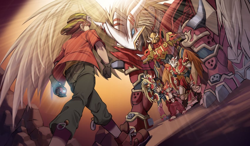 kanbara takuya, agnimon, kaisergreymon, vritramon, flamon, and 1 more (digimon and 1 more) drawn by 10_09hwan