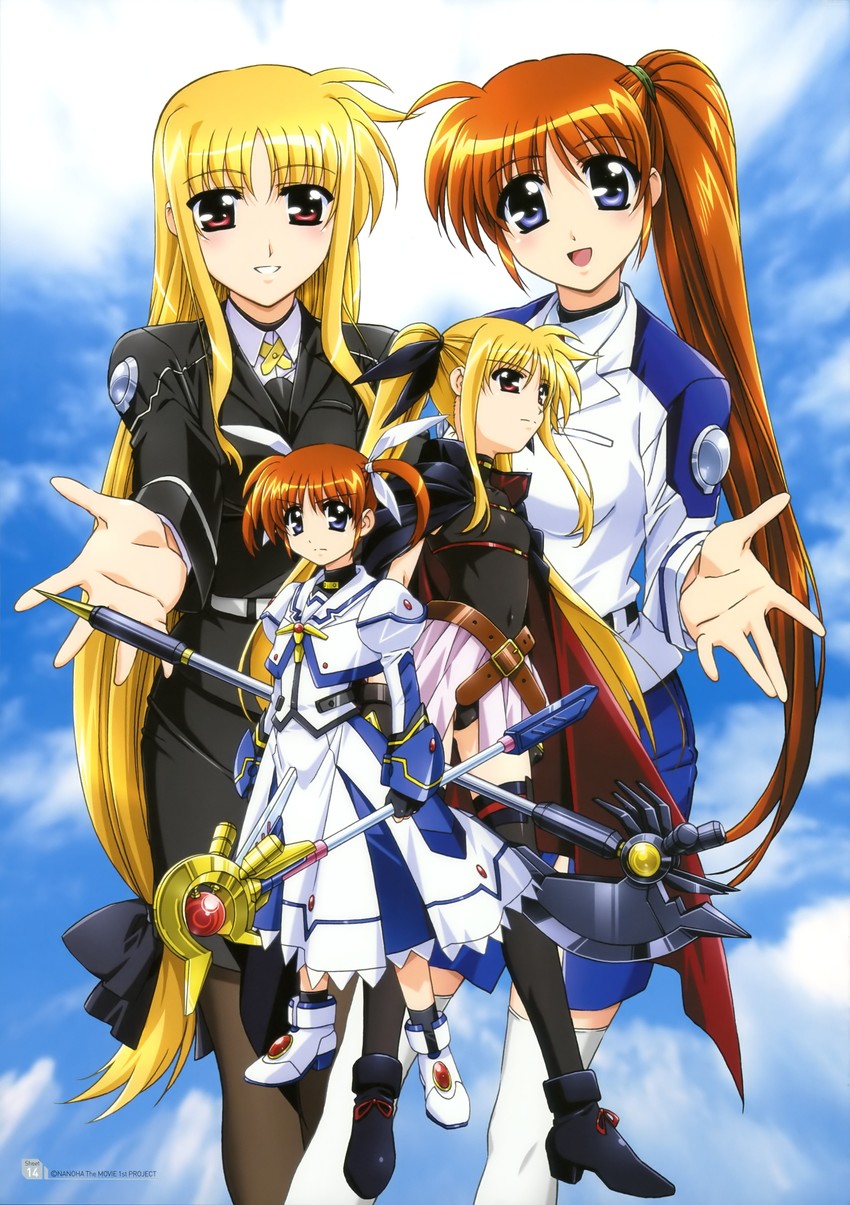fate testarossa, takamachi nanoha, raising heart, and bardiche (lyrical nanoha and 3 more) drawn by wky