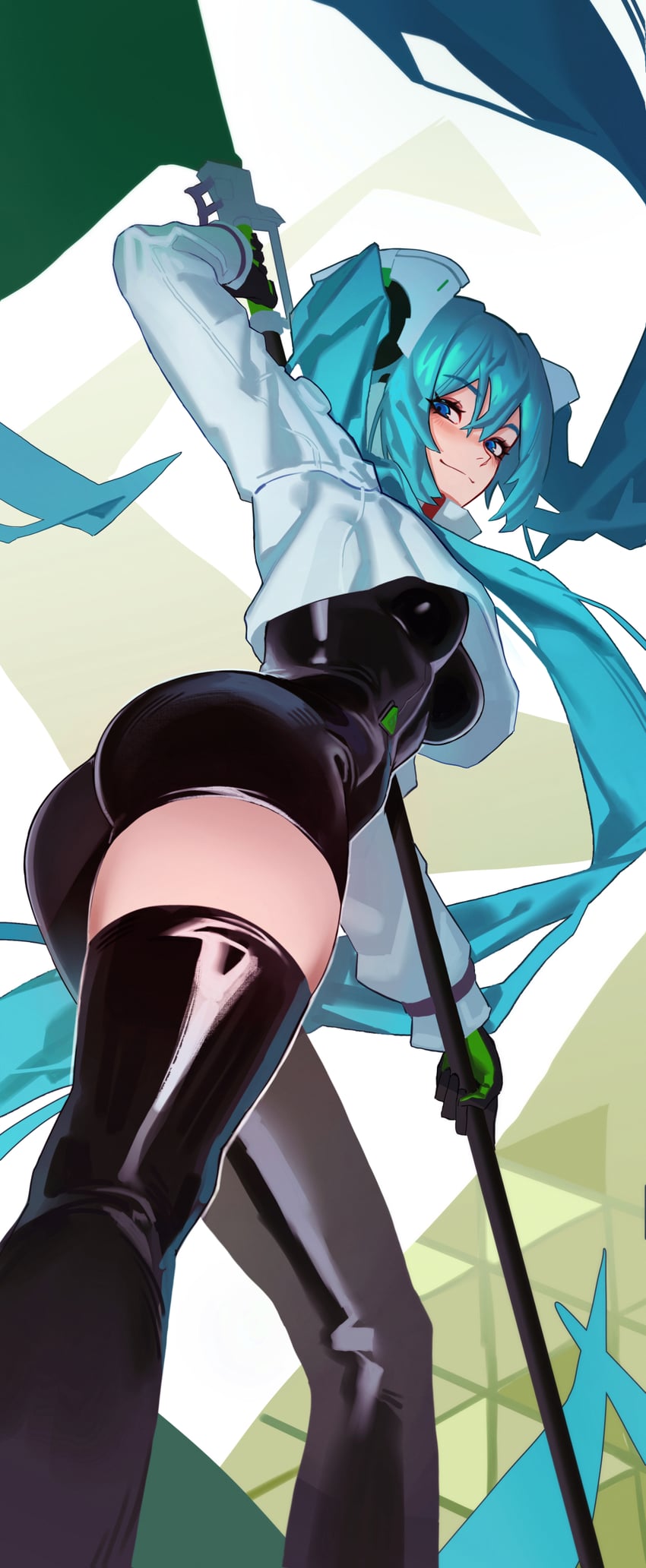 hatsune miku and racing miku (vocaloid and 1 more) drawn by dethmaid
