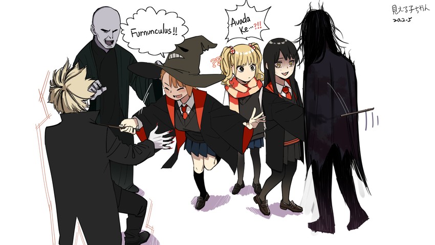yotsuya miko, sorting hat, yurikawa hana, and niguredou julia (wizarding world and 2 more) drawn by guazi