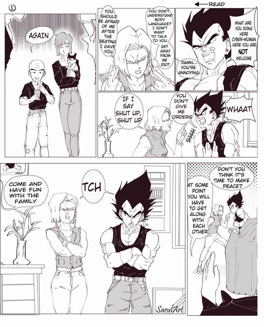 vegeta, android 18, bulma, trunks, and kuririn (dragon ball and 1 more) drawn by sarulart