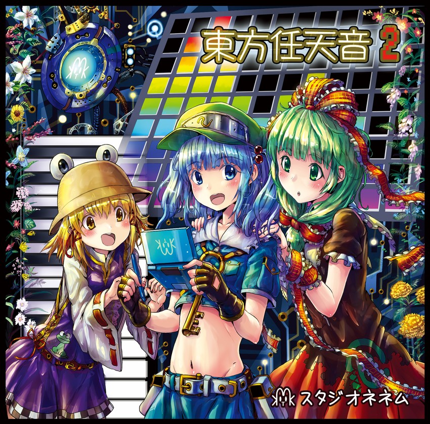 moriya suwako, kawashiro nitori, and kagiyama hina (touhou and 1 more) drawn by kabutoyama
