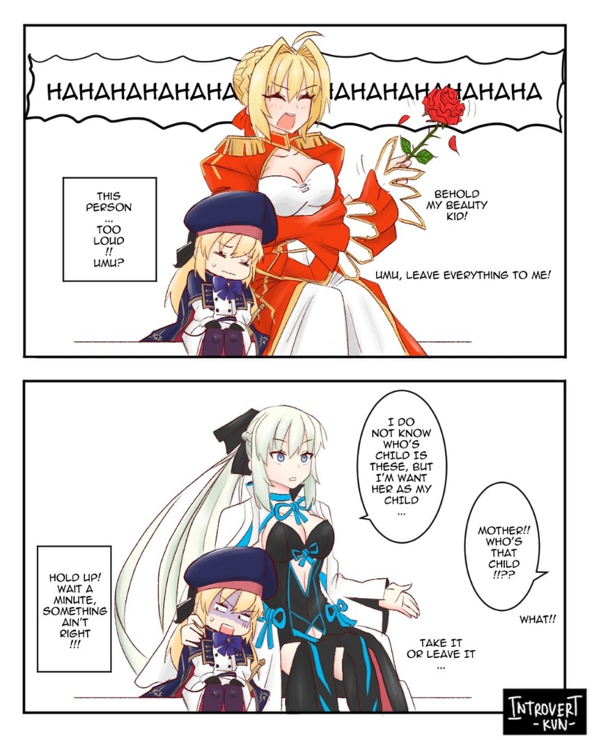 artoria pendragon, nero claudius, morgan le fay, and artoria caster (fate and 1 more) drawn by introvert-kun