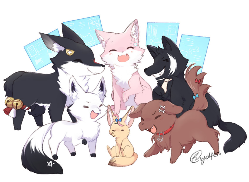 shirakami fubuki, ookami mio, inugami korone, hakui koyori, omaru polka, and 1 more (hololive and 1 more) drawn by vyolfers