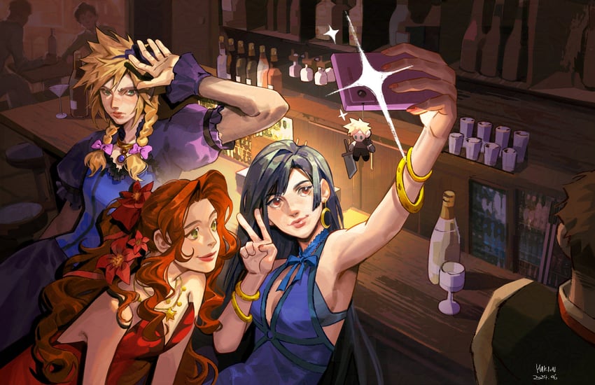 tifa lockhart, cloud strife, and aerith gainsborough (final fantasy and 2 more) drawn by yukinnn