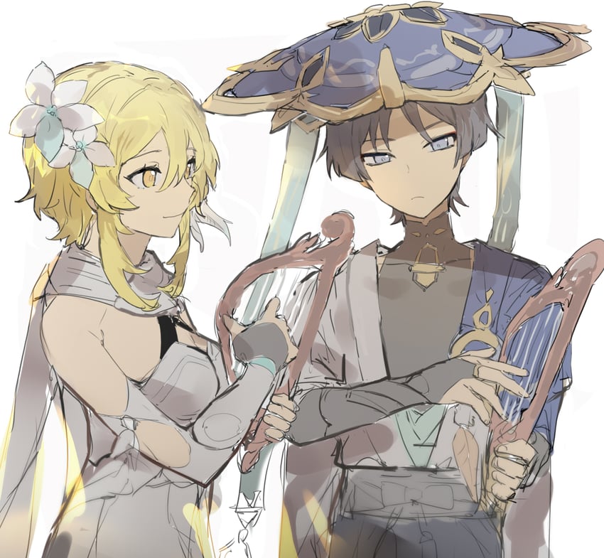 lumine, scaramouche, and wanderer (genshin impact) drawn by room_rem