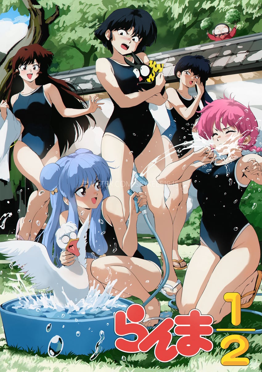 ranma-chan, shampoo, tendou akane, p-chan, kuonji ukyou, and 3 more (ranma 1/2) drawn by spykeee