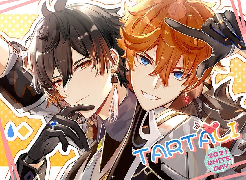 zhongli and tartaglia (genshin impact) drawn by qing