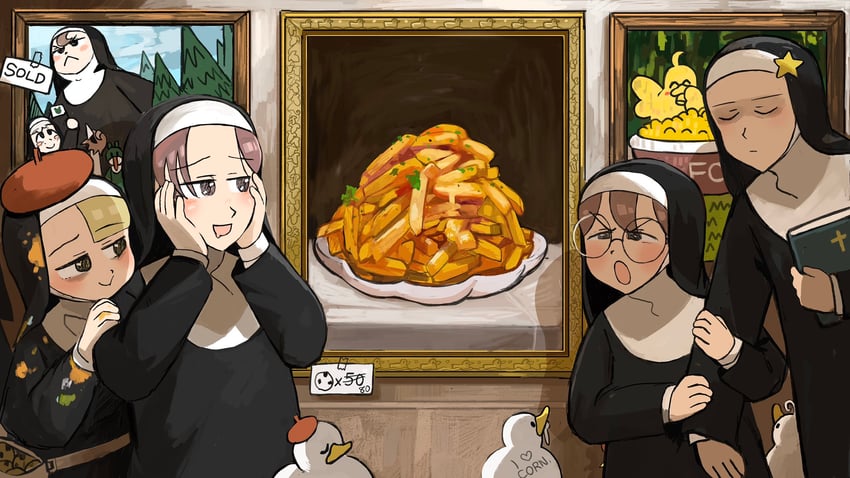 froggy nun, spicy nun, sheep nun, glasses nun, hungry nun, and 1 more (little nuns) drawn by diva_(hyxpk)