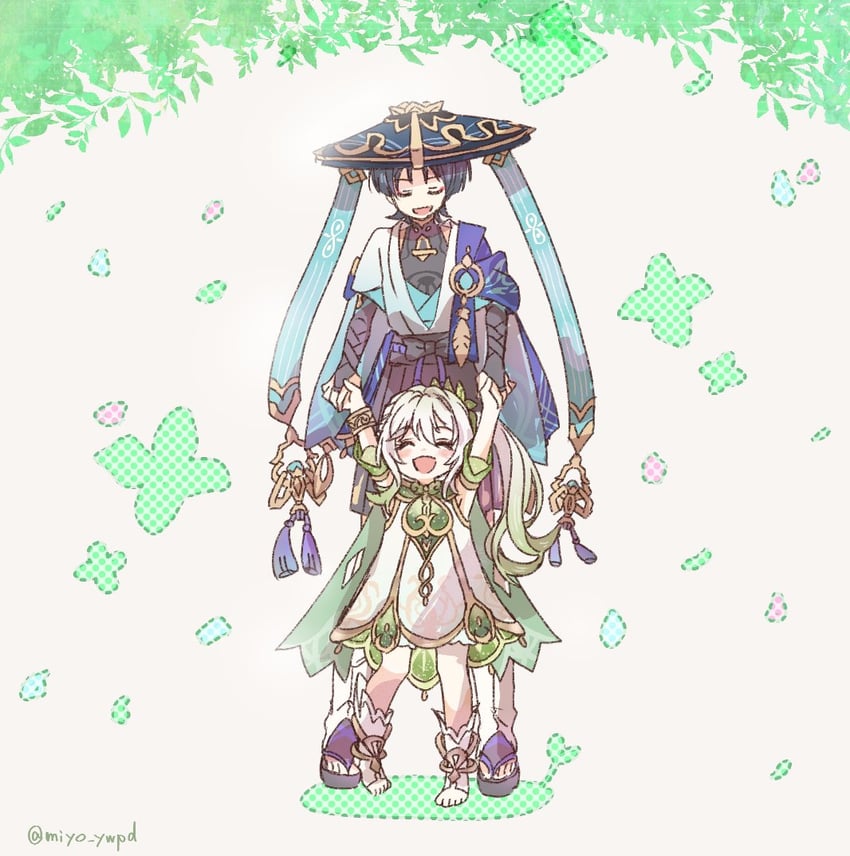 scaramouche, nahida, and wanderer (genshin impact) drawn by miyo-maro