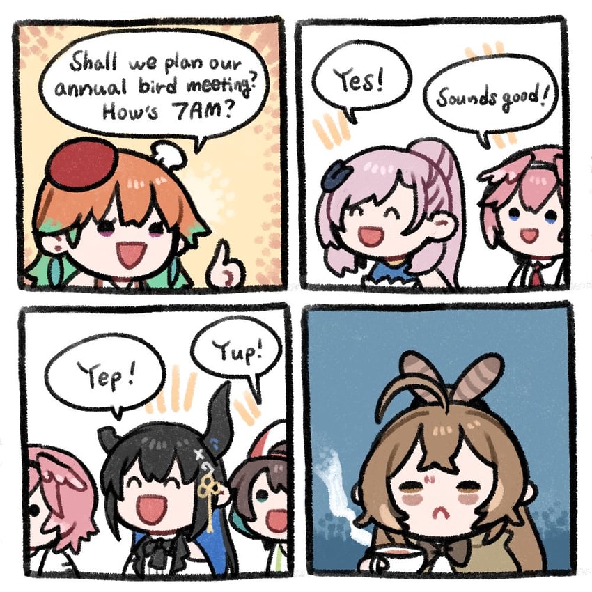 nanashi mumei, takanashi kiara, oozora subaru, nerissa ravencroft, takane lui, and 1 more (hololive and 2 more) drawn by clipe