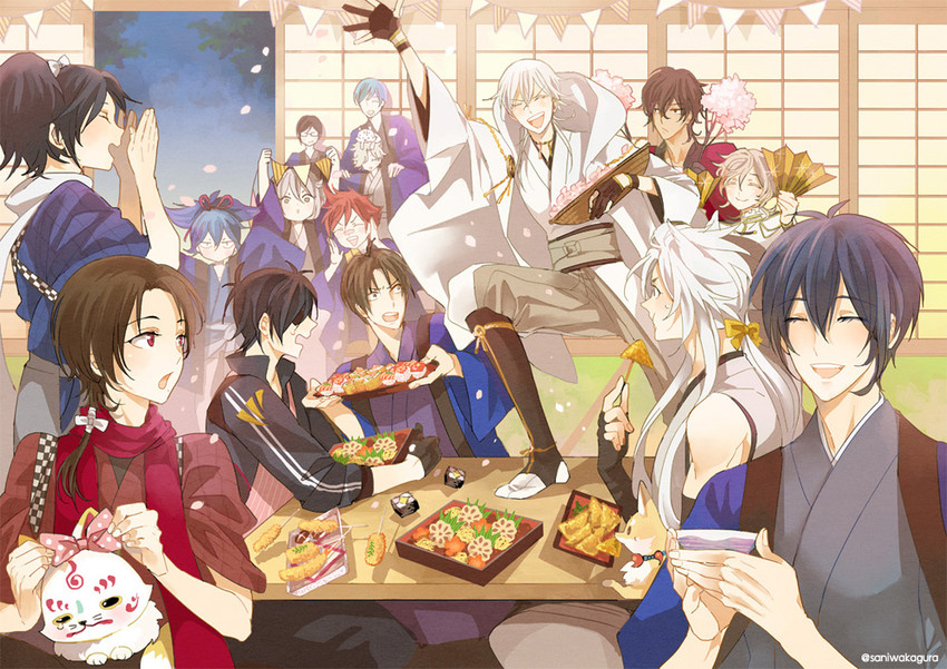mikazuki munechika, kashuu kiyomitsu, yamato-no-kami yasusada, tsurumaru kuninaga, hotarumaru, and 12 more (touken ranbu) drawn by nair_(mindcreator)