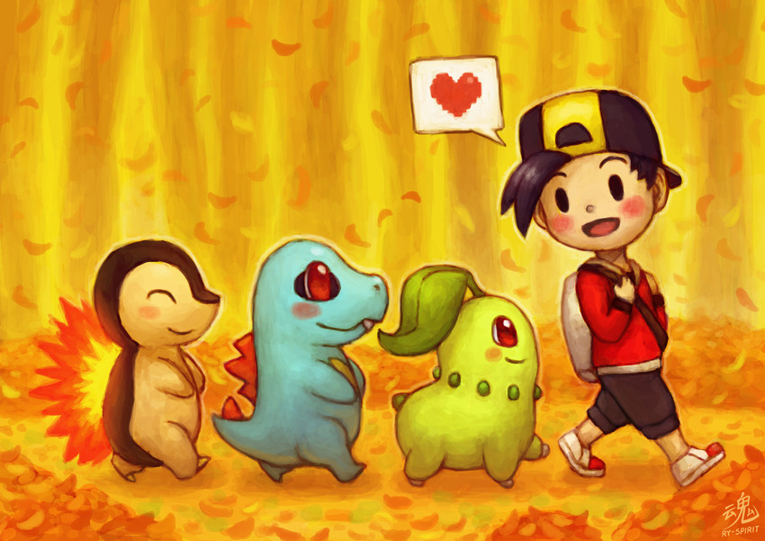 ethan, cyndaquil, chikorita, and totodile (pokemon and 1 more) drawn by ry-spirit
