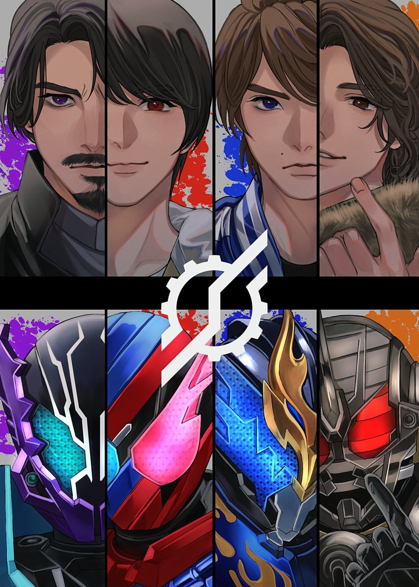 kamen rider build, kamen rider cross-z, kiryuu sento, banjou ryuuga, kamen rider grease, and 3 more (kamen rider and 1 more) drawn by sasakura34
