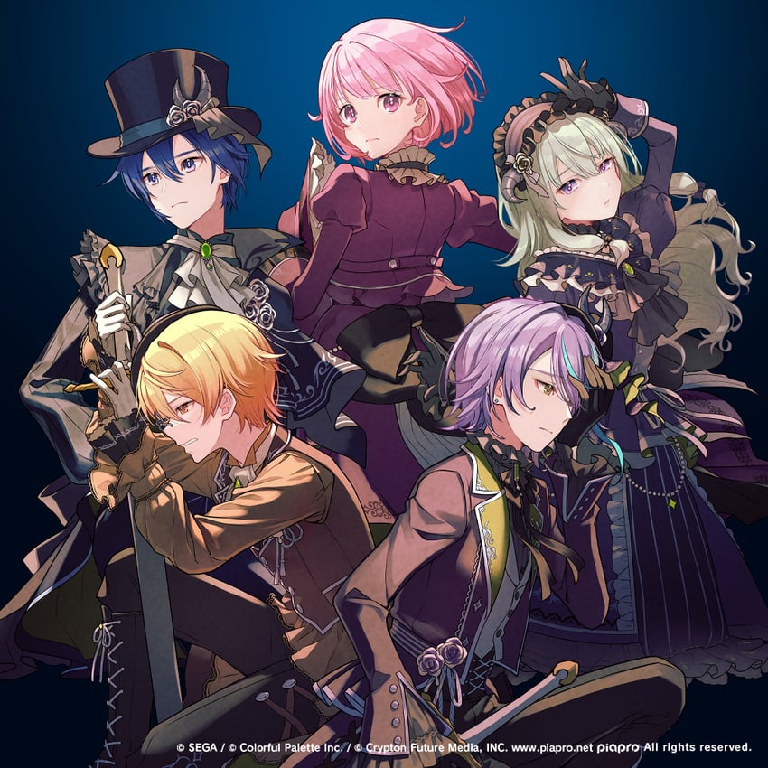 kaito, ootori emu, tenma tsukasa, kusanagi nene, and kamishiro rui (vocaloid and 1 more) drawn by cherico