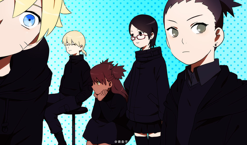 uchiha sarada, uzumaki boruto, akimichi chouchou, yamanaka inojin, and nara shikadai (naruto) drawn by drawinglee