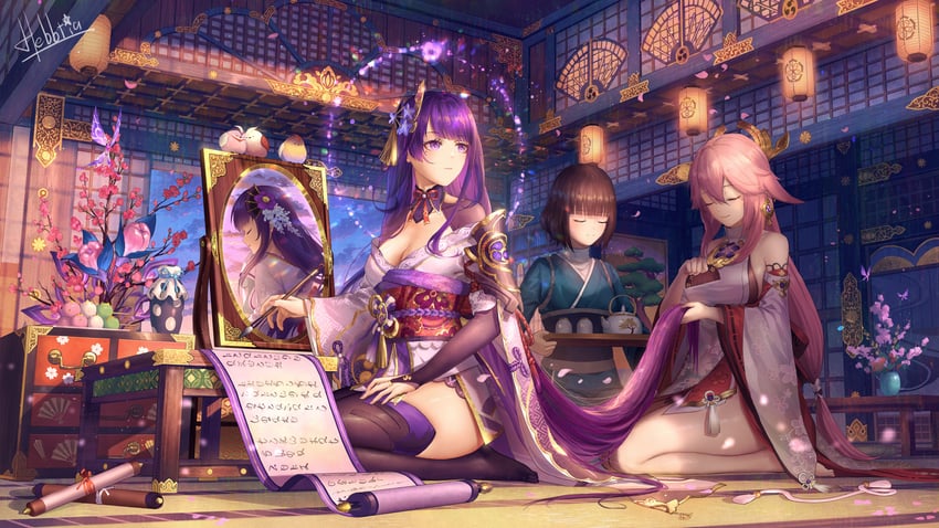 raiden shogun, yae miko, and makoto (genshin impact) drawn by hebbtia