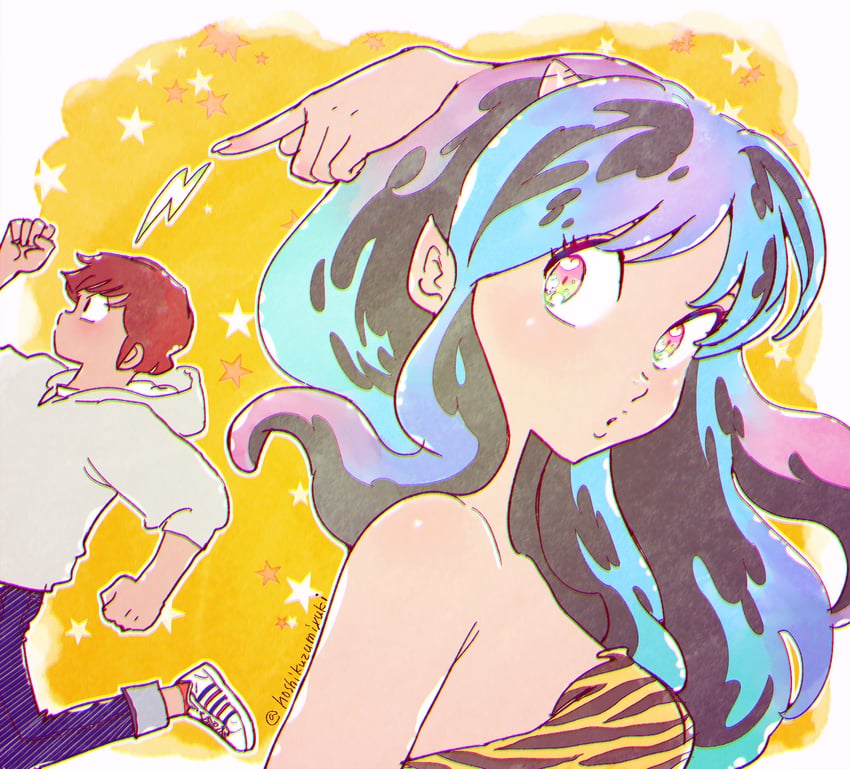 lum and moroboshi ataru (urusei yatsura) drawn by miyuki_(hoshikuzumiyuki)
