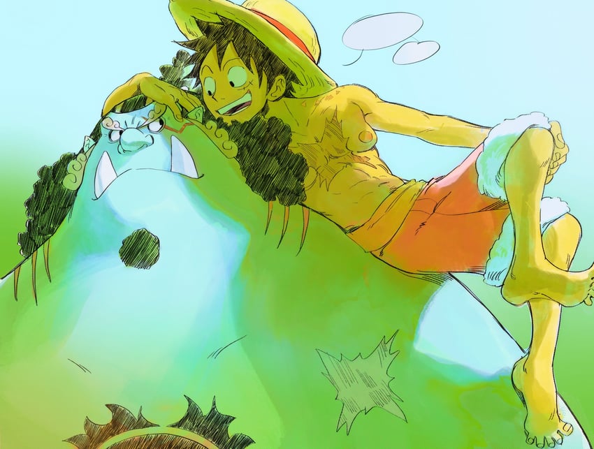 monkey d. luffy and jinbe (one piece) drawn by happensweater