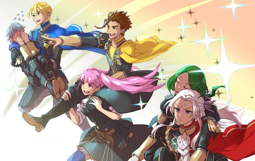edelgard von hresvelg, dimitri alexandre blaiddyd, hilda valentine goneril, claude von riegan, linhardt von hevring, and 1 more (fire emblem and 1 more) drawn by shiroi_(shiroicbe)