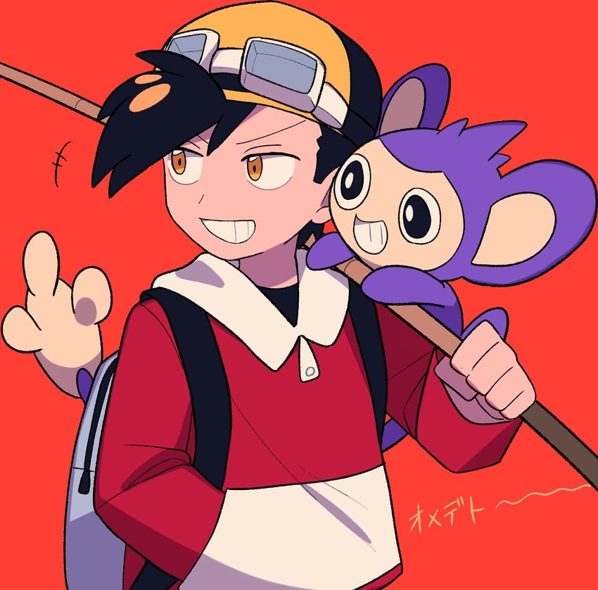 ethan and aipom (pokemon and 1 more) drawn by tyako_089