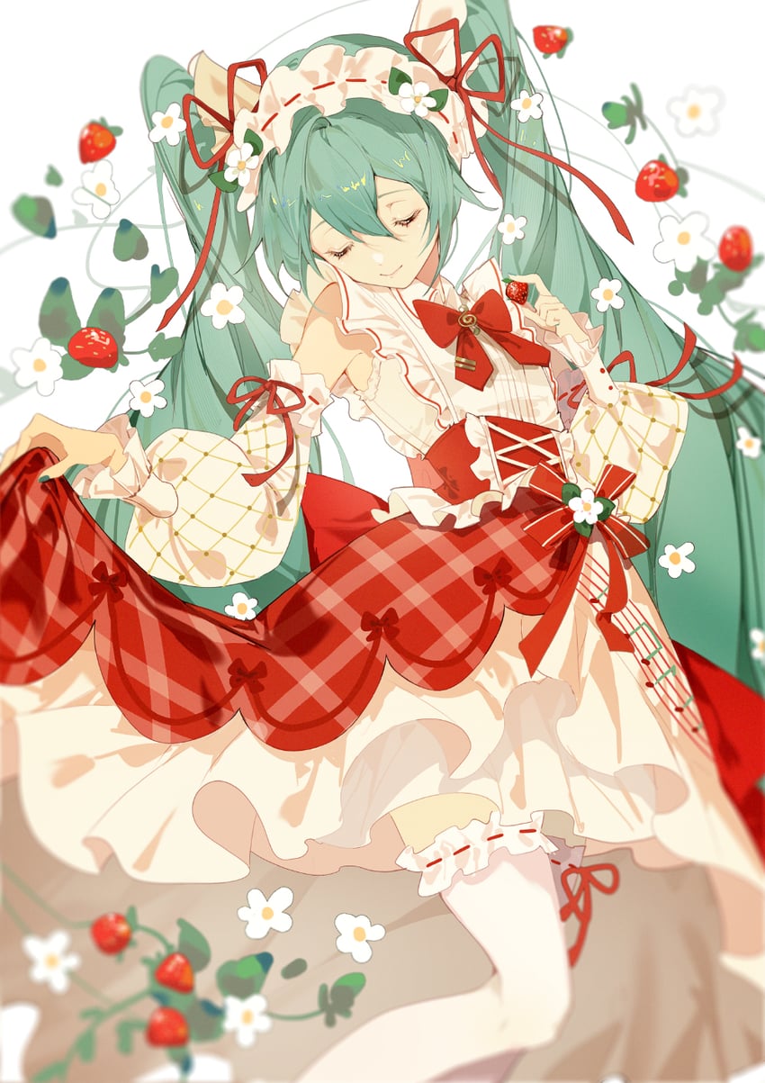 hatsune miku and strawberry miku (vocaloid) drawn by indai_(3330425)