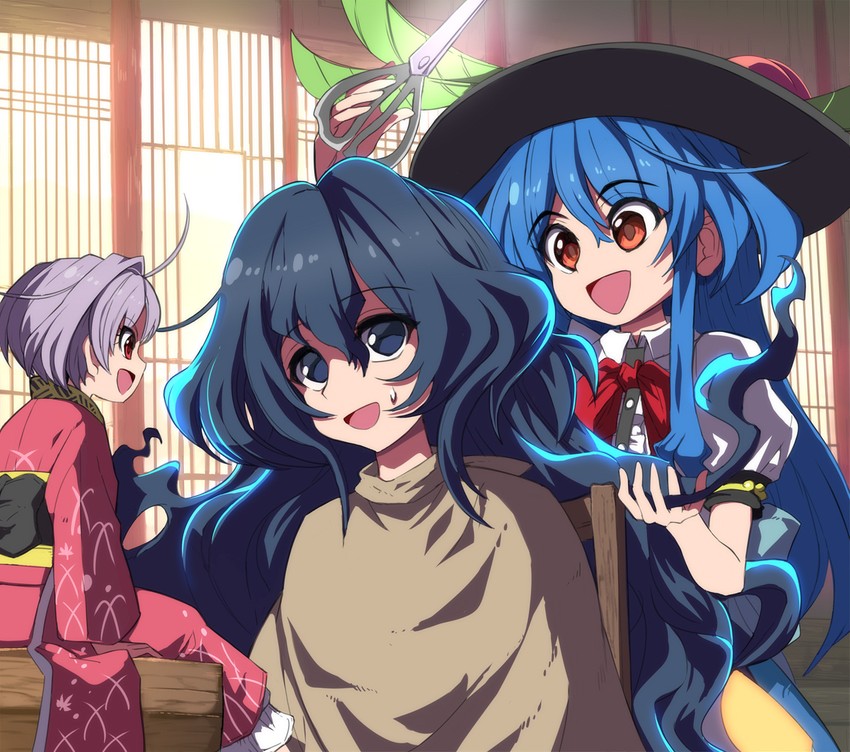 hinanawi tenshi, sukuna shinmyoumaru, and yorigami shion (touhou) drawn by syope