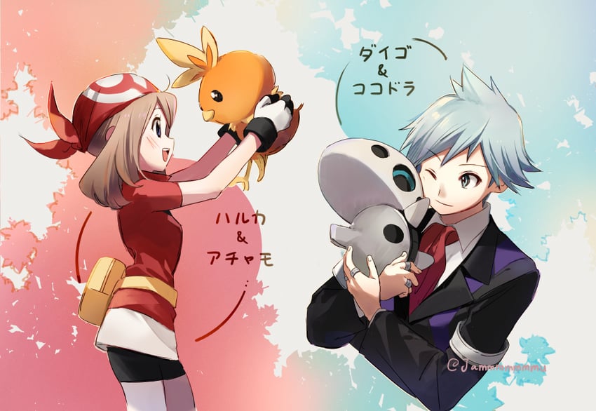 may, torchic, steven stone, and aron (pokemon and 1 more) drawn by shellw_(jammmmmmmu)