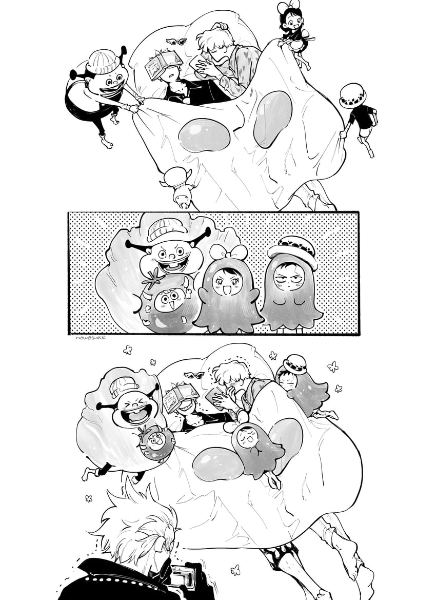 trafalgar law, donquixote doflamingo, donquixote rocinante, baby 5, dellinger, and 2 more (one piece) drawn by nowosuke