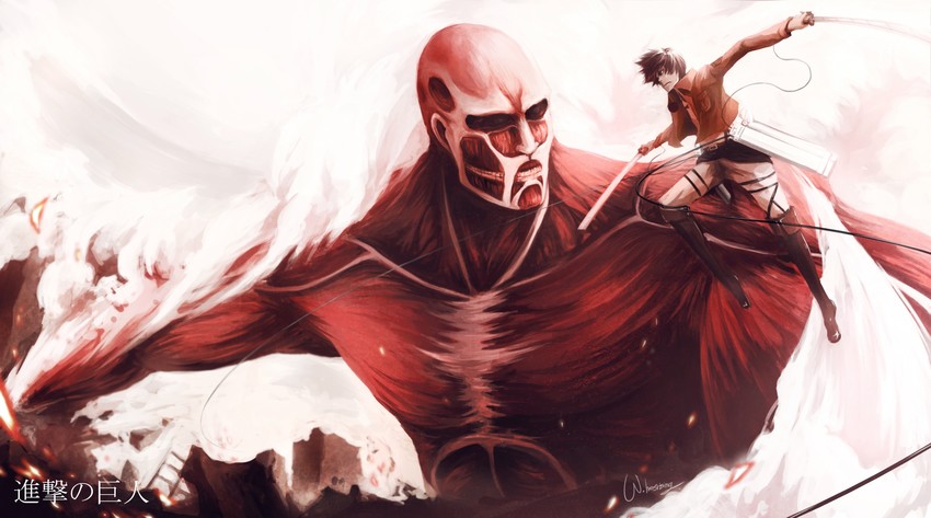 eren yeager, titan, and colossal titan (shingeki no kyojin) drawn by w-hosrising
