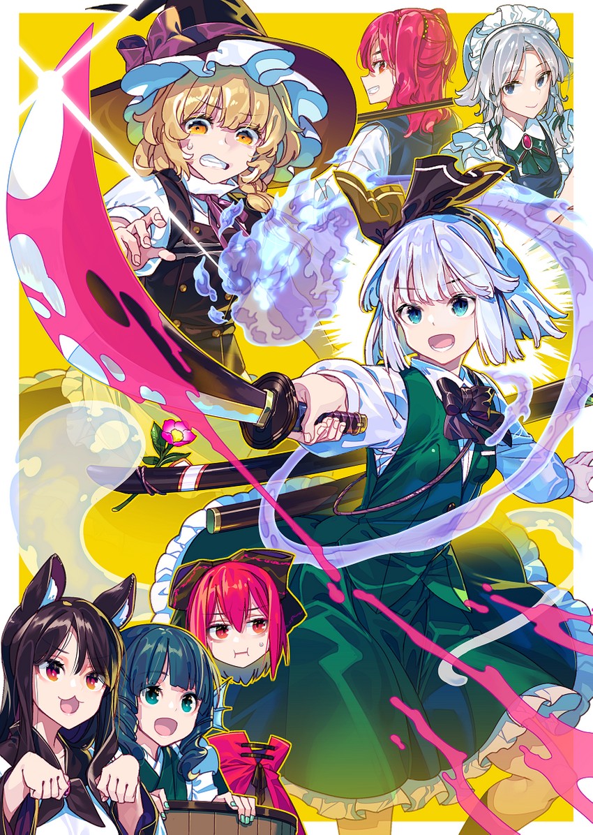 kirisame marisa, izayoi sakuya, konpaku youmu, onozuka komachi, imaizumi kagerou, and 2 more (touhou) drawn by zounose